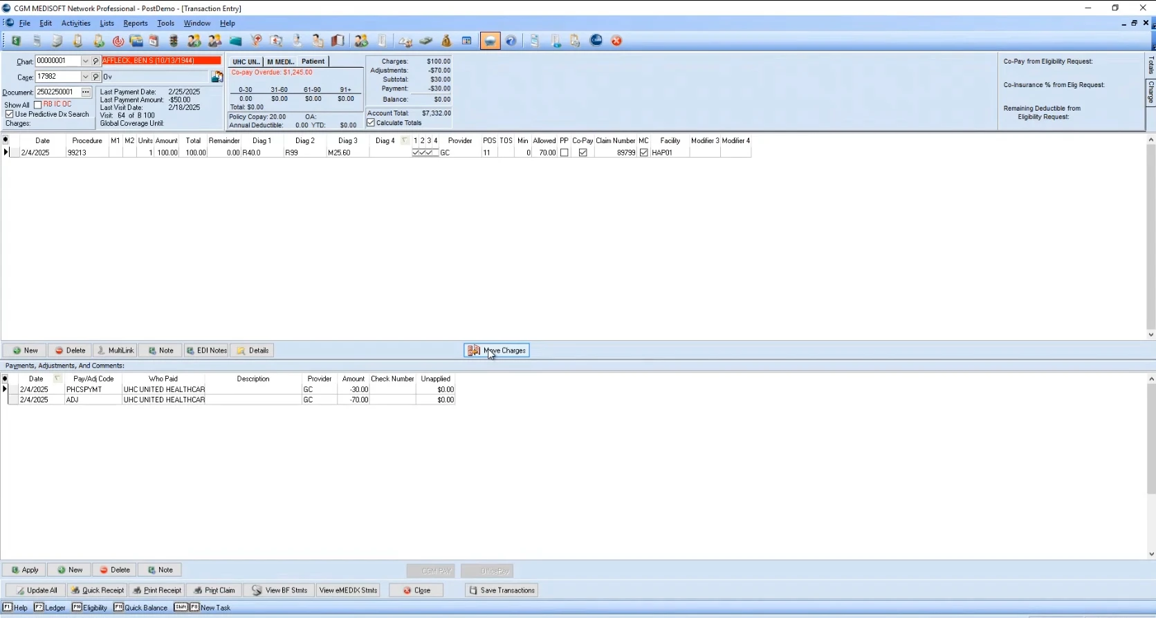 MEDISOFT transaction entry screen